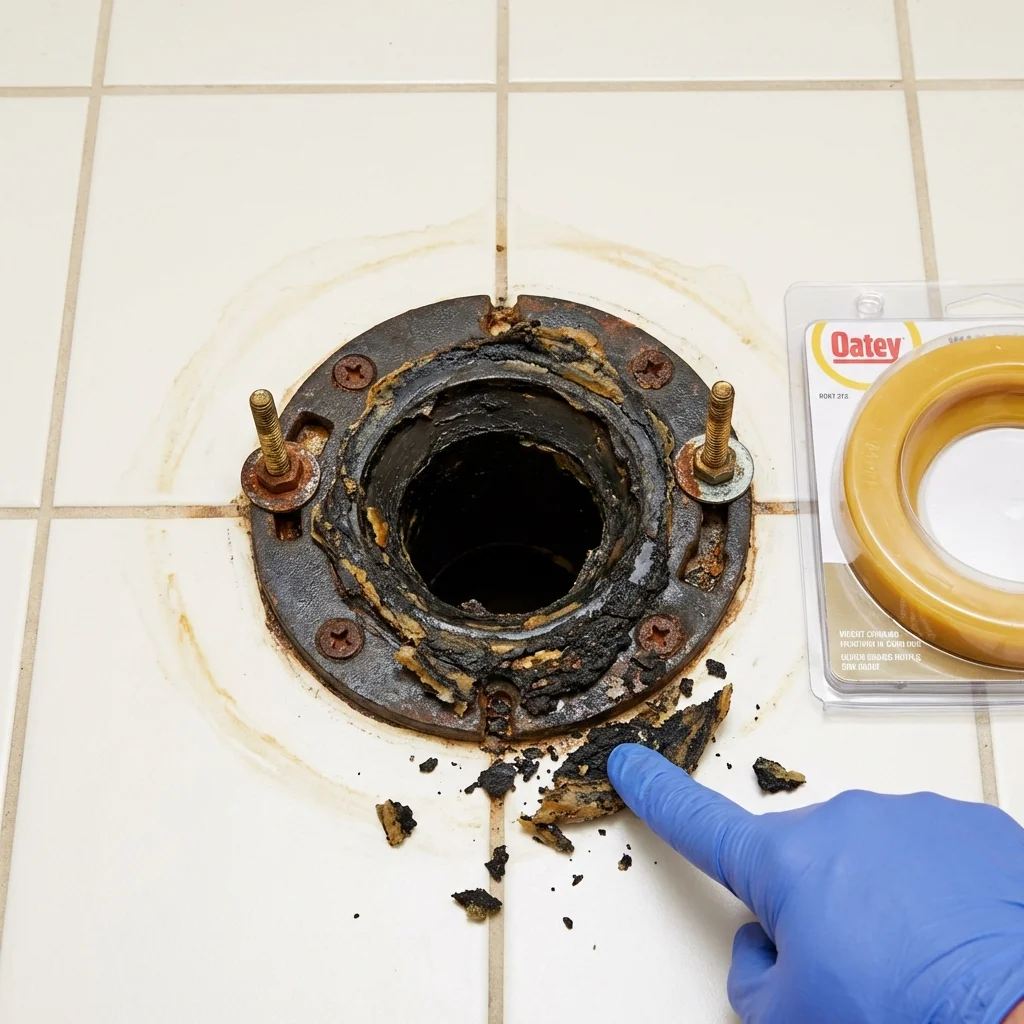 Failed wax ring showing water seepage at the base of a toilet in a Grandview, WA home