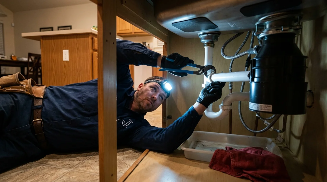 P-trap and supply line connections under a kitchen sink showing a common leak point in Grandview, WA